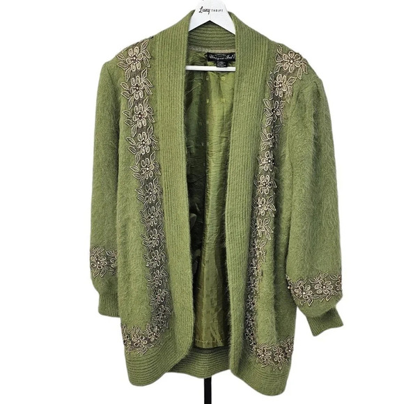 Vintage Angora Wool Blend Soft Beaded Embroidered Puff Sleeve Cardigan  Large - Picture 1 of 9